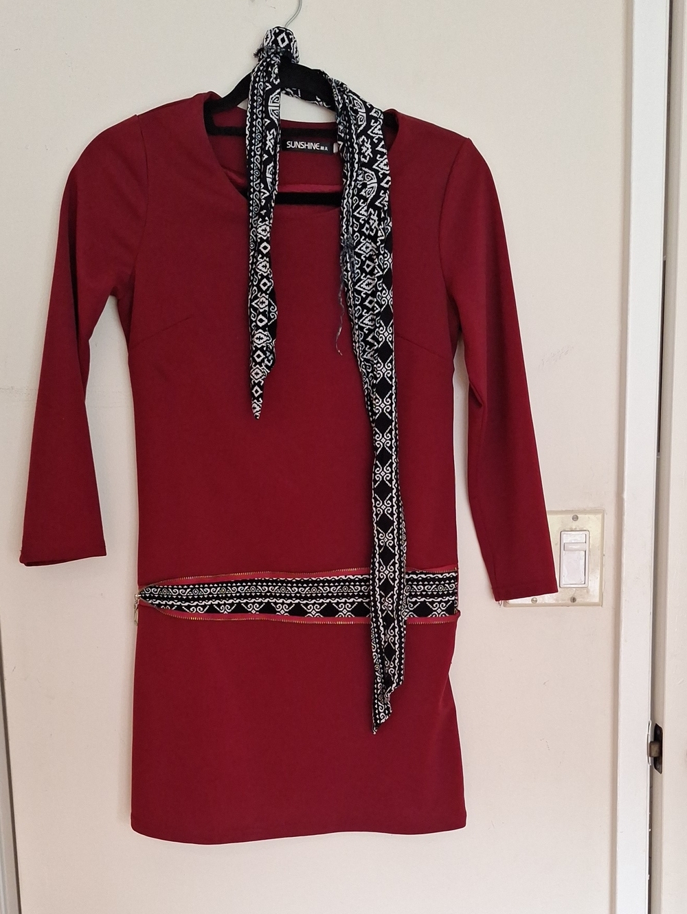 Maroon Long-Sleeve Shift Dress with Patterned Scarf, Open Or Closed Middle